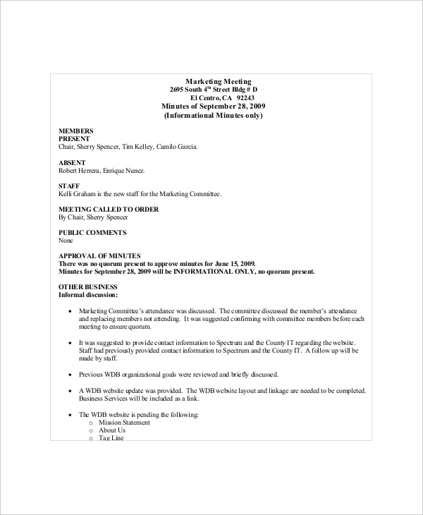 example agenda for committee meeting