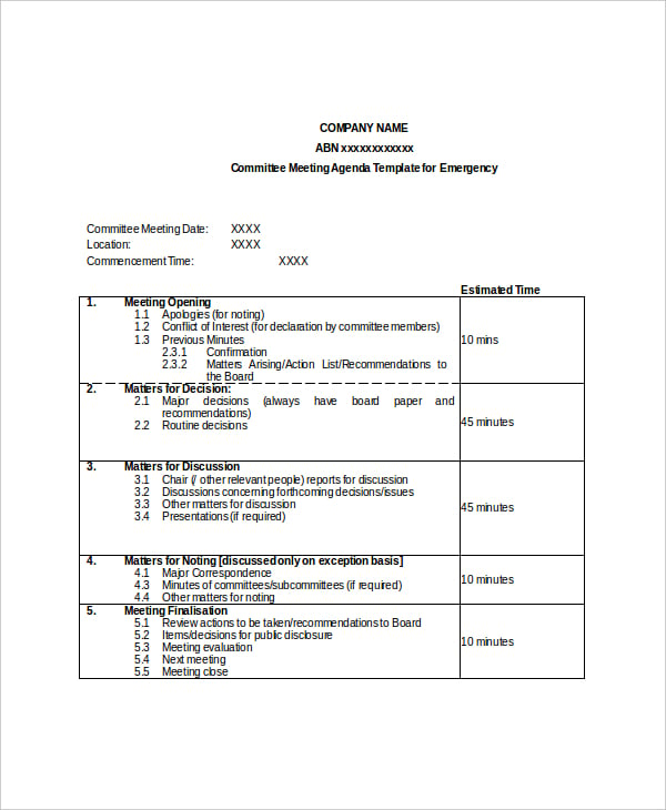 example agenda for committee meeting