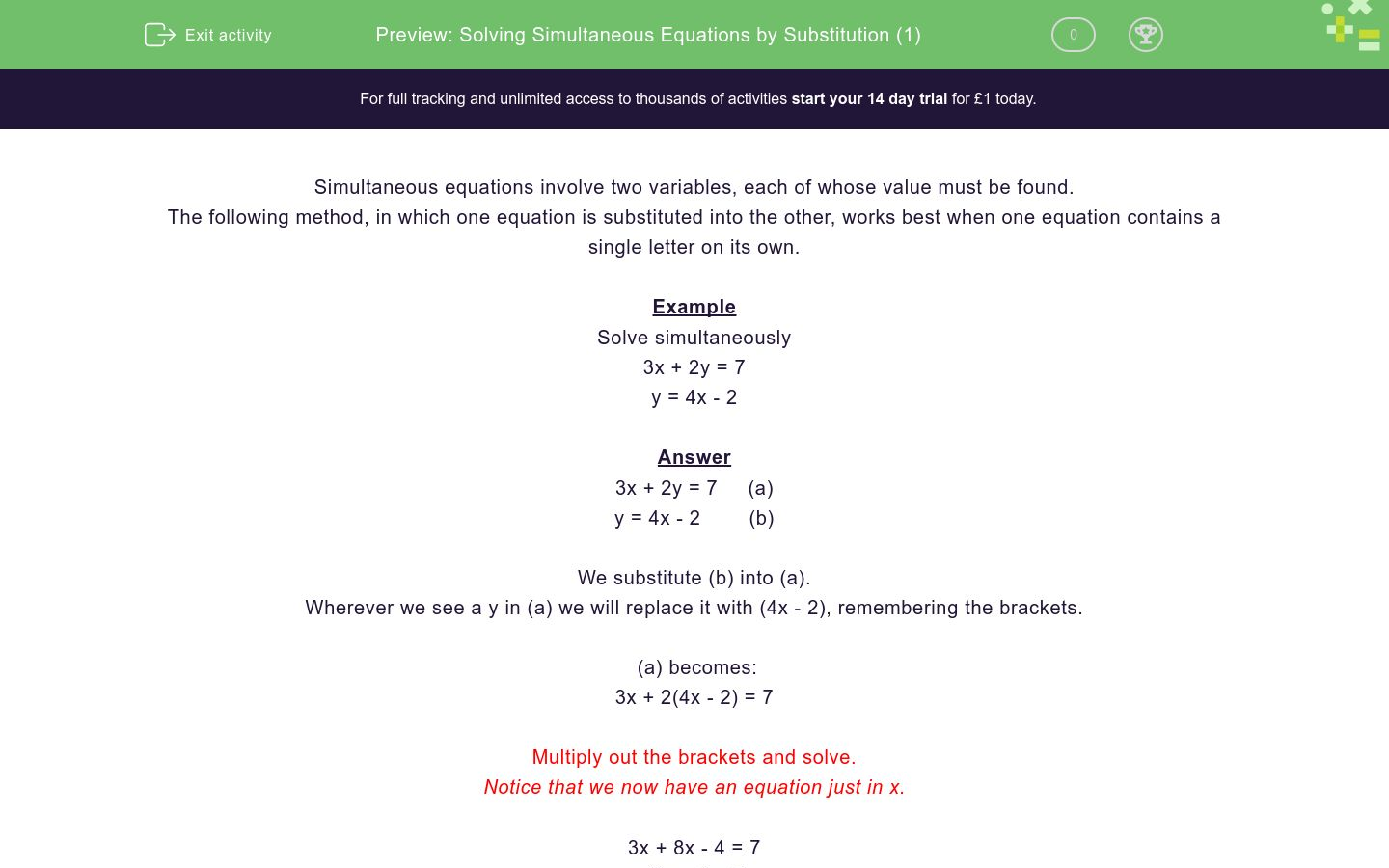 simultaneous equations substitution method example 1 examsolutions